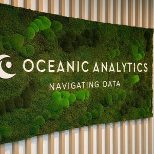 May include: A rectangular wall sign featuring a dense, textured green moss surface. The sign displays the white text "OCEANIC ANALYTICS" above the smaller white text "NAVIGATING DATA" and a white stylized eye icon on the left side.