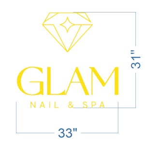 May include: A yellow graphic logo featuring a diamond outline with a central star, the text GLAM NAIL & SPA, and blue dimension lines indicating a height of 31 inches and a width of 33 inches. The design is presented against a plain white background.