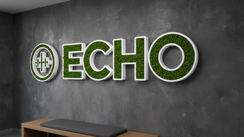May include: A wall-mounted sign featuring the word ECHO in large, white, three-dimensional letters filled with preserved green moss. To the left of the text is a circular emblem containing a white cross shape with a vertical sound wave graphic.