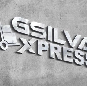 May include: Silver metallic logo for "GSILVA EXPRESS" with a hand truck icon on a gray concrete background. The logo has a 3D effect, with the text and icon appearing to be raised from the surface.