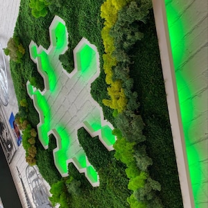 May include: A rectangular wall art piece featuring preserved green moss in various shades and textures. A central white snowflake-shaped cutout is illuminated from behind with a bright green LED light, creating a glowing effect against the moss.