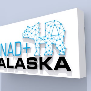 May include: A white sign with the text "NAD+ ALASKA" in black letters. A blue and white stylized image of a bear is to the right of the text.