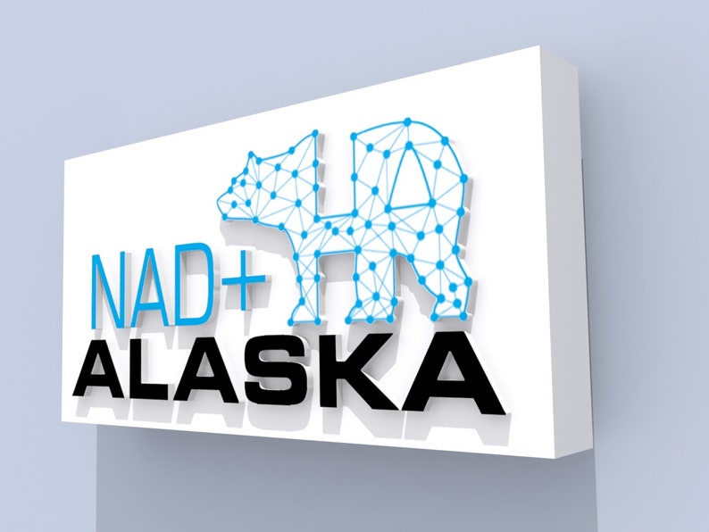 May include: A white sign with the text "NAD+ ALASKA" in black letters. A blue and white stylized image of a bear is to the right of the text.