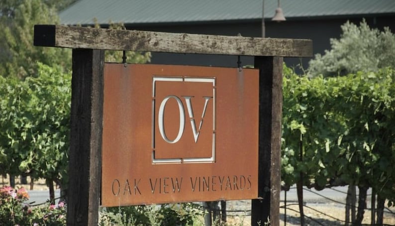 May include: A rustic sign for Oak View Vineyards. The sign is made of weathered wood and a rusty metal plate. The letters "OV" are inside a square, and the words "Oak View Vineyards" are below. Lush green grapevines and foliage are in the background.