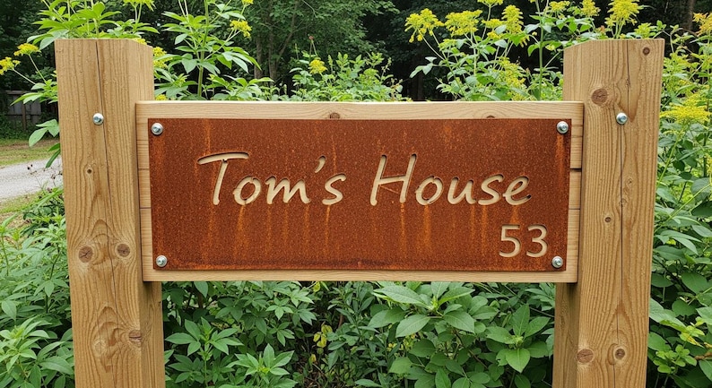 May include: A wooden sign with the text "Tom's House 53" cut out of a rusty brown metal plate. The sign is mounted on two wooden posts and surrounded by green foliage.