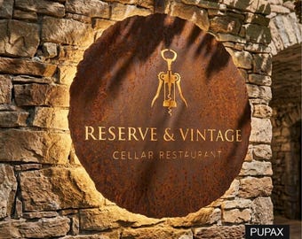 Round Rusty Metal Sign, Circle Corten Steel Sign, Illuminated Raw Metal Logo, Led Rusty Sign, Business Sign, Lazer Cut Metal Sign, Wall Sign