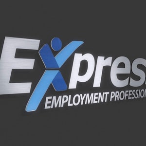 May include: A three-dimensional wall sign featuring the word Express in a brushed silver metallic finish. The letter X is replaced by a stylized blue human figure with arms raised. Below, the text EMPLOYMENT PROFESSIONALS appears in white.