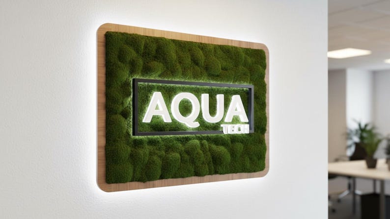 May include: A rectangular wall sign featuring a thick layer of green preserved moss framed in light wood. Centered is a black rectangular frame containing the white illuminated text AQUA TECH, with a soft glow emanating from behind the sign.