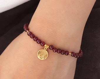 Evil Eye Garnet Bracelet | Garnet Charm Bracelet | Gold Garnet Bracelet | Eye Of Providence Charm Bracelet | Evil Eye Charm Bracelet