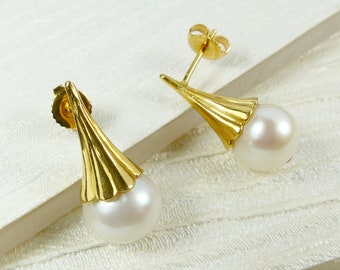 Gold and Culture Freshwater Pearl Earrings | 18ct Gold Plated Sterling Silver Stud Earrings | White Pearl and Gold Trumpet Earrings