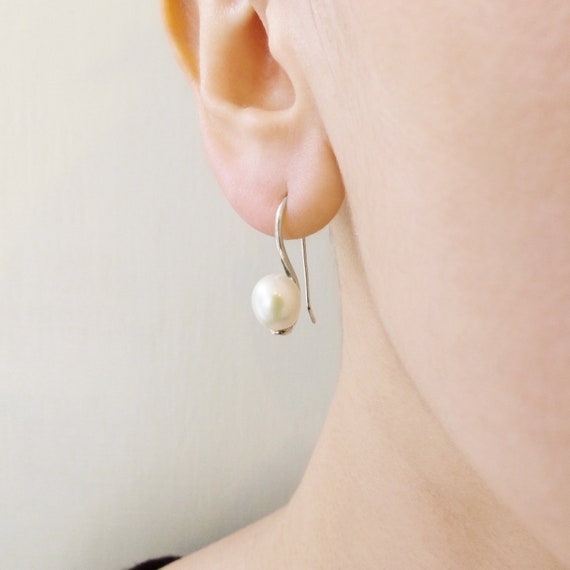 White Pearl Fish Hook Earrings Cultured Freshwater Pearl Earrings