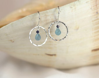 Blue Quartz Drop Earrings | Sterling Silver Circular Earrings | Sapphire And Blue Quarts Earrings.