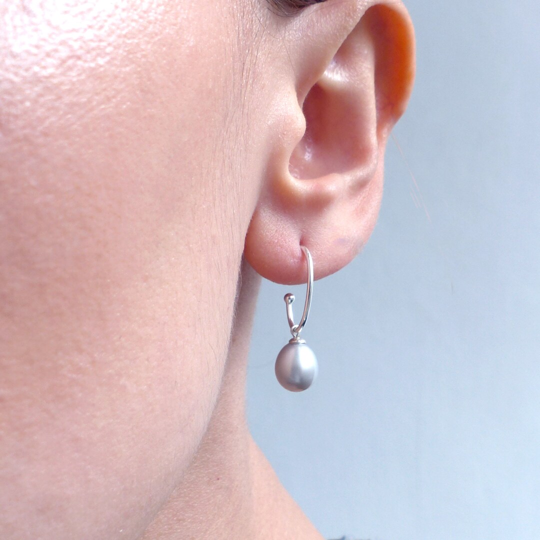 Pearl Hoop Earrings Silver Pearl Hoop Grey Pearl Hoop Etsy