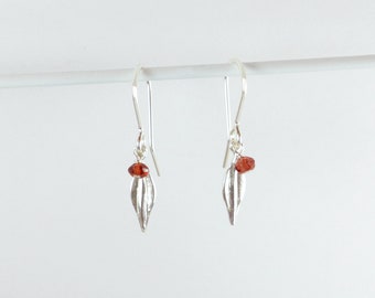 January Birthstone  Earrings   Silver Leaf Earrings | | Botanical Inspired Earrings | Garnet Fish Hook Earrings | Nature Inspired Earrings