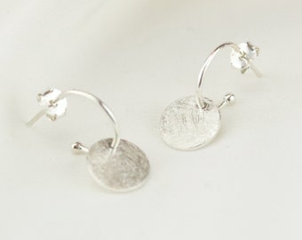 Silver Disc Earrings | Silver Hoop Earrings | Silver Disc Drop Earrings | Dangly Silver Disc Earrings | Textured round Disc Earrings