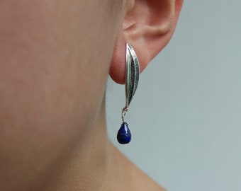 Silver Leaf Earrings | Lapis Lazuli Earrings | Silver Stud Earrings | Nature Leaf Earrings | Leaf Studs