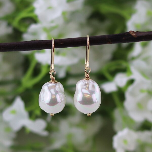 Baroque Pearl Drop Earrings | Shell Pearl Earrings | Gold Filled Drop Pearl Earrings | Baroque Shell Pearl Drop Earrings.