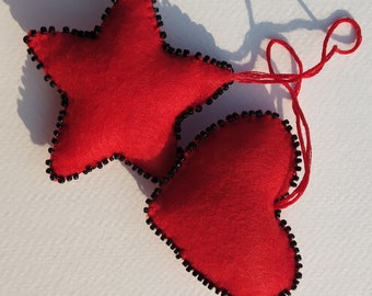 set of 2 red heart and star felt ornament, Valentine's Day decor, Christmas ornament, Christmas tree decor, charm