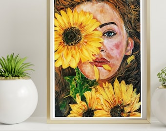 Original art print of sunflower girl acrylic painting