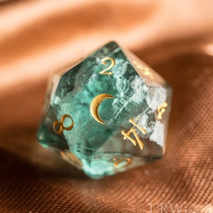 D20 Engraved Green Fluorite Gemstone D20 Dice - Dungeons and Dragons D20, RPG Game  Moon Version