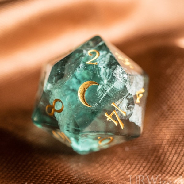 D20 Engraved Green Fluorite Gemstone D20 Dice - Dungeons and Dragons D20, RPG Game  Moon Version