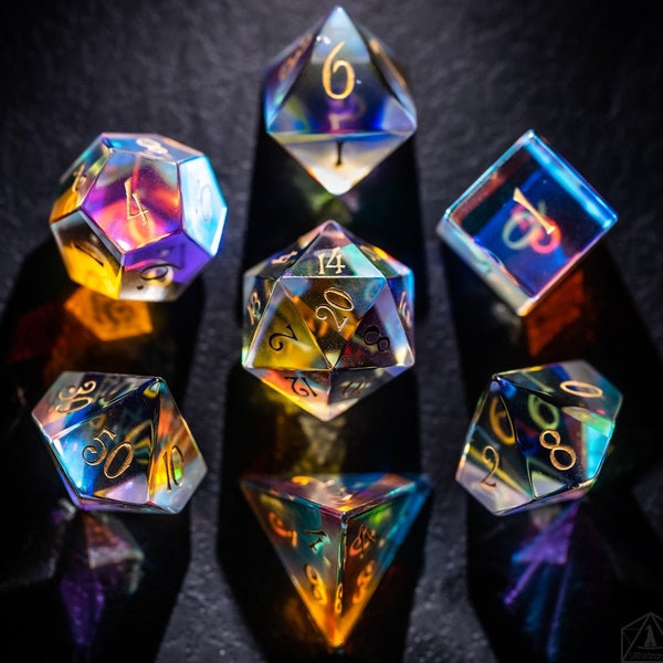 Set complet Dichroic Glass Polyhedral Dice Set Gemstone Set - Donjons et Dragons, RPG Jeu MTG Jeu