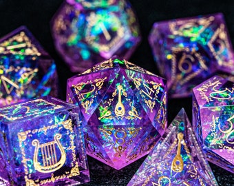 Dnd dice set Handmade Resin Sharp Edge Dice Polyhedral Dice Set  Set PurpleGlitter Bard Style  -  Dungeons and Dragons