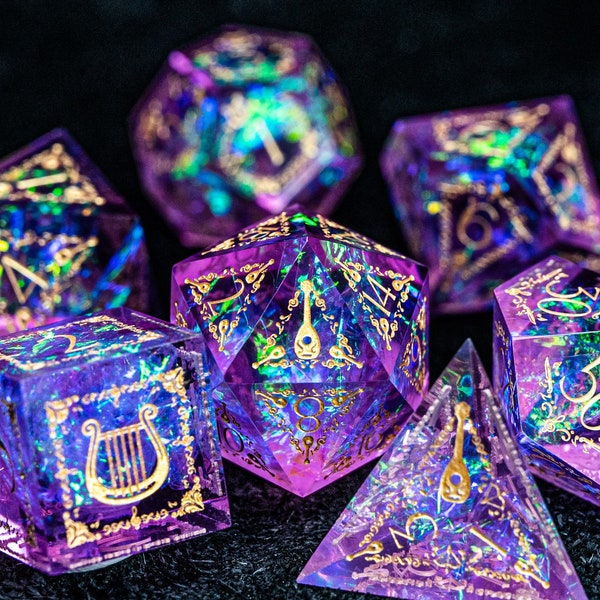 Dnd dice set Handmade Resin Sharp Edge Dice Polyhedral Dice Set  Set PurpleGlitter Bard Style  -  Dungeons and Dragons