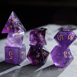 Dnd dice set Amethyst Gemstone Set Engraved/Carving for Dungeons and Dragons, RPG Game MTG Game image 2