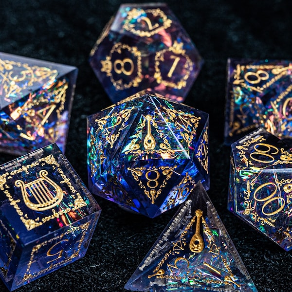 Dnd dice set Handmade Resin Sharp Edge Dice Polyhedral Dice Set  Set Night Neon Bard Style  -  Dungeons and Dragons
