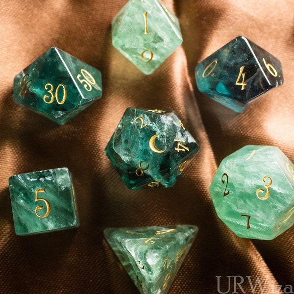 Dnd dice set Green Fluorite(chlorophane) Polyhedral Dice Set Gemstone  Set  -  Dungeons and Dragons, RPG Game  MTG Game Moon Version