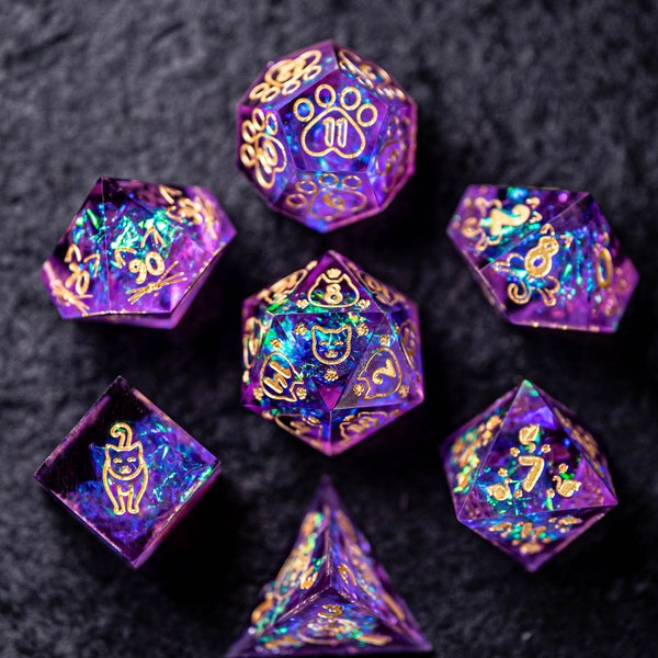 Dnd dice set Handmade Resin Sharp Edge Dice Polyhedral Dice Set  Set  -  Dungeons and Dragons  Purple Glitter Meow Style