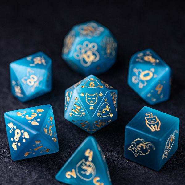 Dnd dice set Aqua Cat's Eye stone Polyhedral Dice Set Gemstone  Set  -  Dungeons and Dragons, RPG Game  MTG Game Meow Style