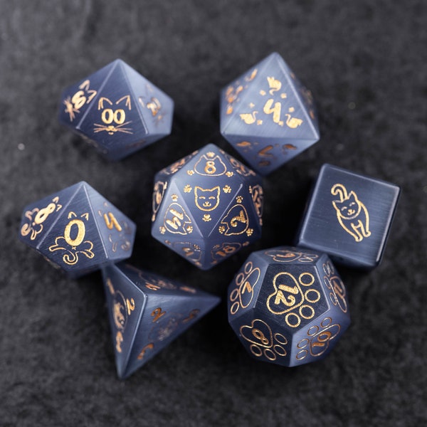 Dnd dice set Grey Cat's Eye stone Polyhedral Dice Set Gemstone  Set  -  Dungeons and Dragons, RPG Game  MTG Game Meow Style