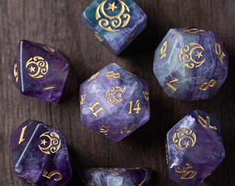 Dnd dice set Purple Fluorite Polyhedral Dice Set Gemstone  Set  -  Dungeons and Dragons, RPG Game  MTG Game Moon & Star