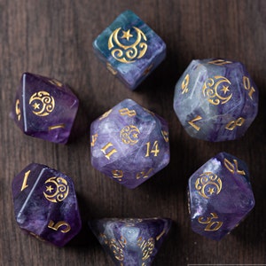 Dnd dice set Purple Fluorite Polyhedral Dice Set Gemstone  Set  -  Dungeons and Dragons, RPG Game  MTG Game Moon & Star