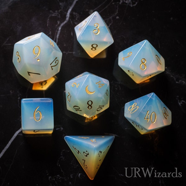 Dnd dice set Opalite Gemstone  Set - Engraved/Carving for Dungeons and Dragons, RPG Game  MTG Game Moon Version