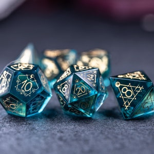 Full Set Blue Tourmaline Glass Polyhedral Dice Set  Set  -  Dungeons and Dragons, RPG Game  MTG Game Astrology