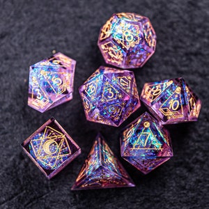 Dnd dice set Handmade Resin Sharp Edge Dice Polyhedral Dice Set Set Dungeons and Dragons Purple Glitter Astrology Style image 1