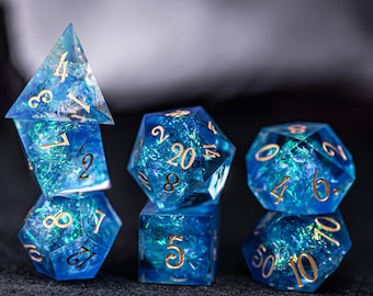 Dnd dice set  Handmade Resin Sharp Edge Dice Polyhedral Dice Set  Set  -  Dungeons and Dragons  Blue Glitter