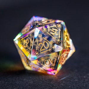 Full Set Dichroic Glass Engraved Polyhedral Dice Set Gemstone  Set  -  Dungeons and Dragons, RPG Game  Astrology Style Gold Inked