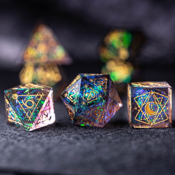 Full Set Handmade Resin Sharp Edge Dice Polyhedral Dice Set  Set  -  Dungeons and Dragons  Dark Glitter Astrology Style