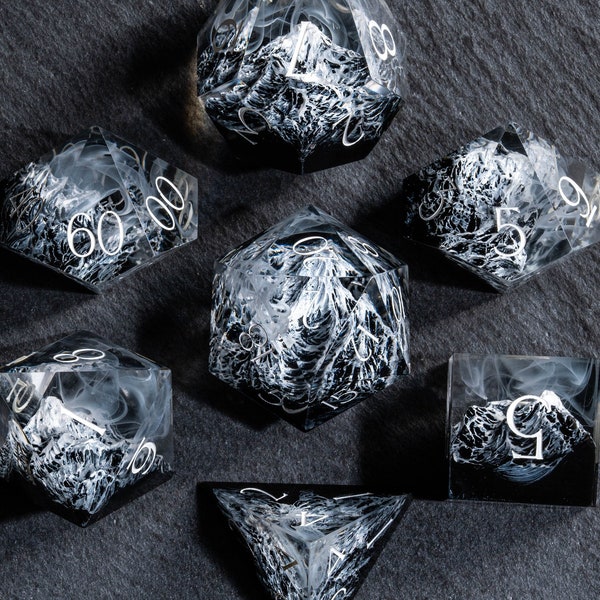 D&D Full Set Sharp Edge Resin Engraved Dice Set Mysterious Realm -the Alps