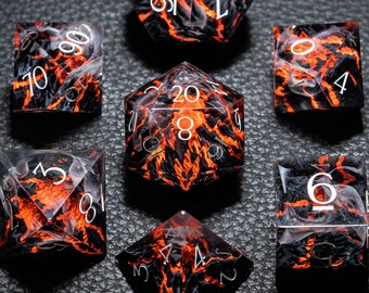 D&D Full Set Sharp Edge Resin Engraved Dice Set Mysterious Realm - Death Volcano