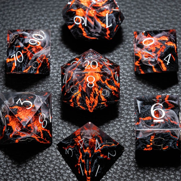 D&D Full Set Sharp Edge Resin Engraved Dice Set Mysterious Realm - Death Volcano