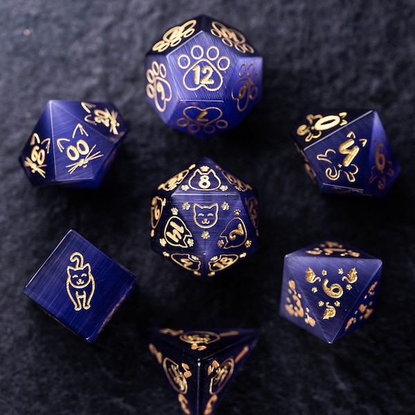 Dnd dice set Purple Cat's Eye stone Polyhedral Dice Set Gemstone  Set  -  Dungeons and Dragons, RPG Game  MTG Game Meow Style