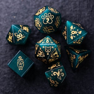 D&D Würfel Set Petrol Grün Katzenaugen Stein Polyhedral Würfel Set Edelstein Set Dungeons and Dragons, RPG Game MTG Game Meow Style Bild 1