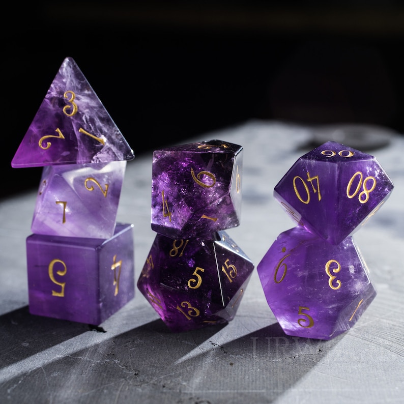 Dnd dice set Amethyst Gemstone Set Engraved/Carving for Dungeons and Dragons, RPG Game MTG Game image 2