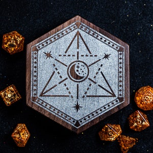 Engraved Astrology Walnut D&D Gaming Dice Box  Set Gift Box Wood Box Personalized Dice Box Dungeons and Dragons Hexagon Dice Box