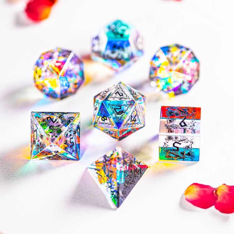 Full Set Dichroic Glass Polyhedral Dice Set Gemstone Dnd Dice Etsy